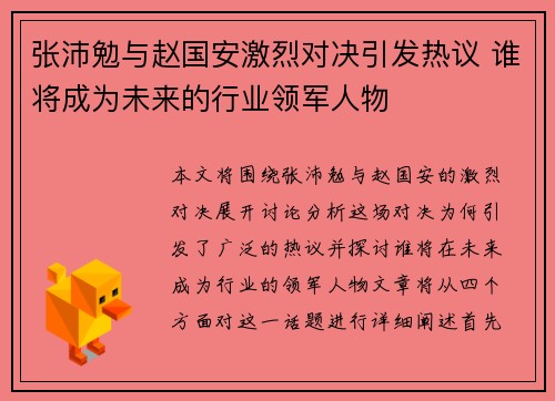 张沛勉与赵国安激烈对决引发热议 谁将成为未来的行业领军人物